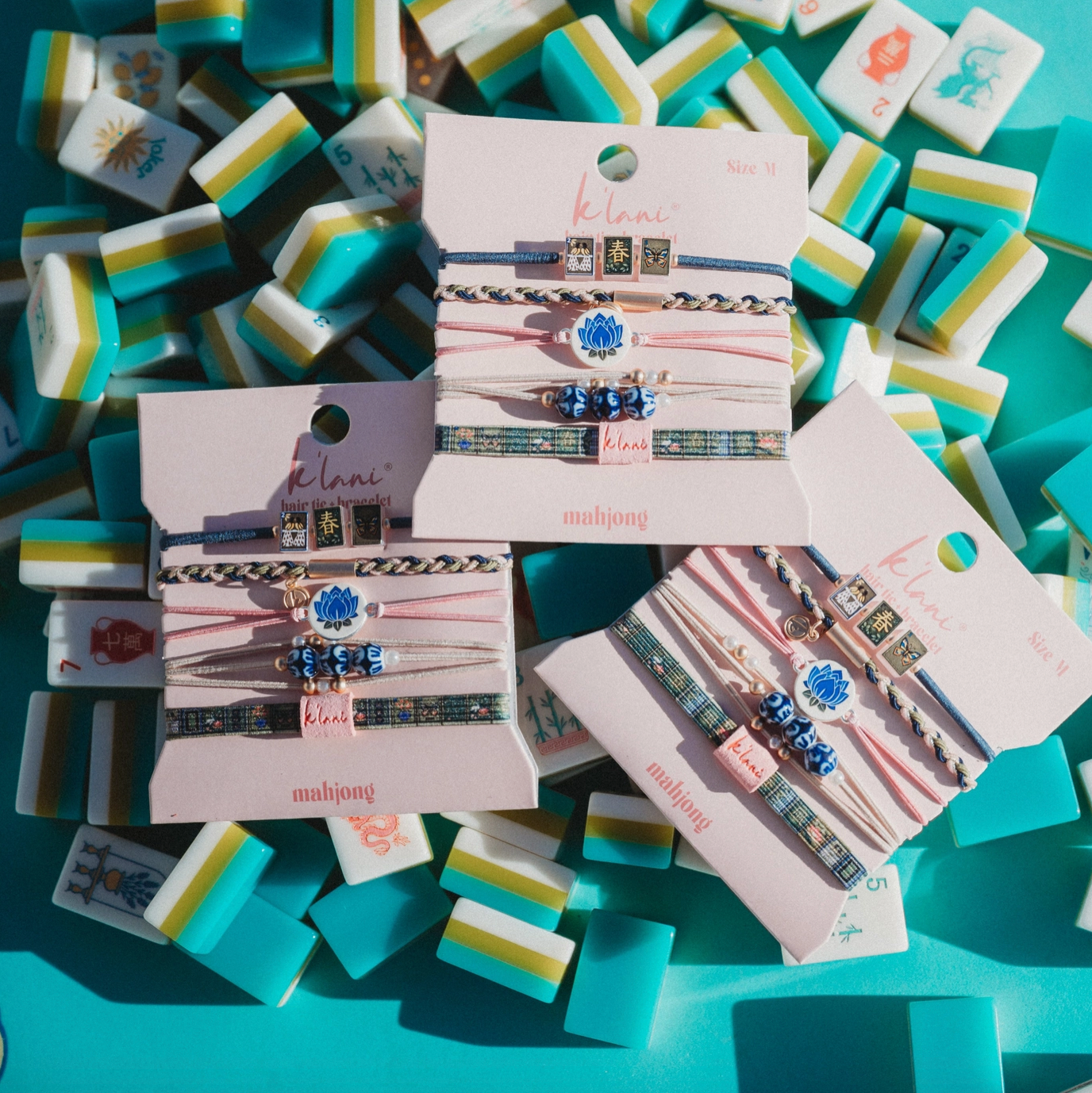 "Mahjong" Themed in Pink, Green & Blue with Lotus & Tile Accent Hair Tie Bracelets