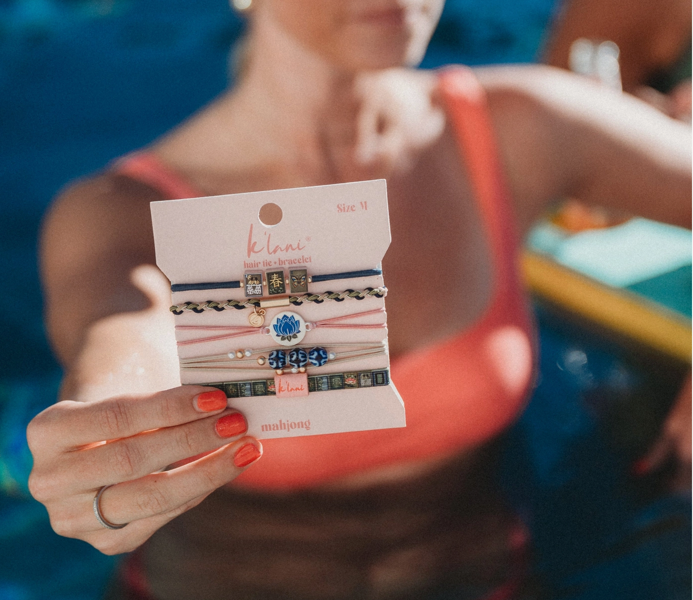"Mahjong" Themed in Pink, Green & Blue with Lotus & Tile Accent Hair Tie Bracelets
