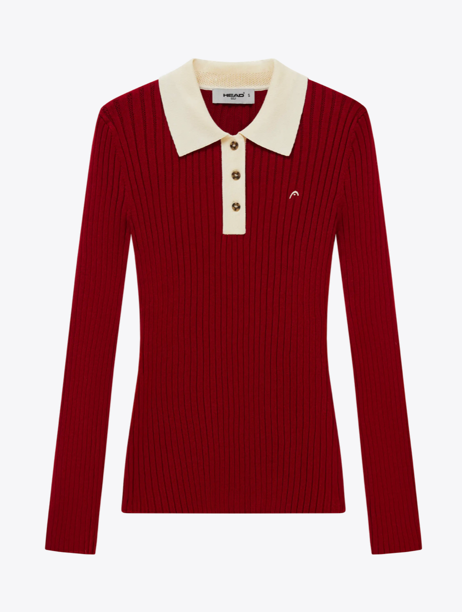 Pointelle Rib Long Sleeve Knit Polo- Red