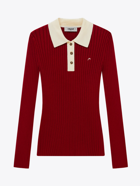 Pointelle Rib Long Sleeve Knit Polo- Red