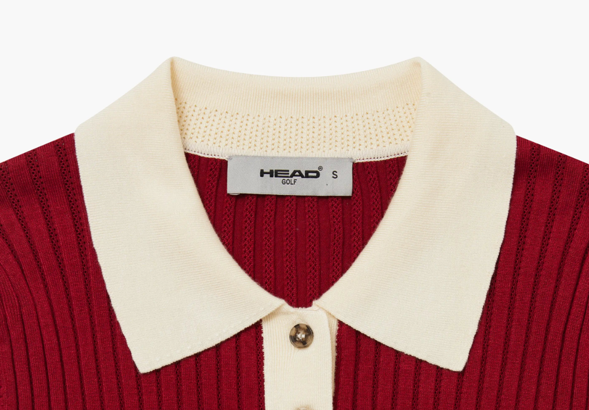 Pointelle Rib Long Sleeve Knit Polo- Red