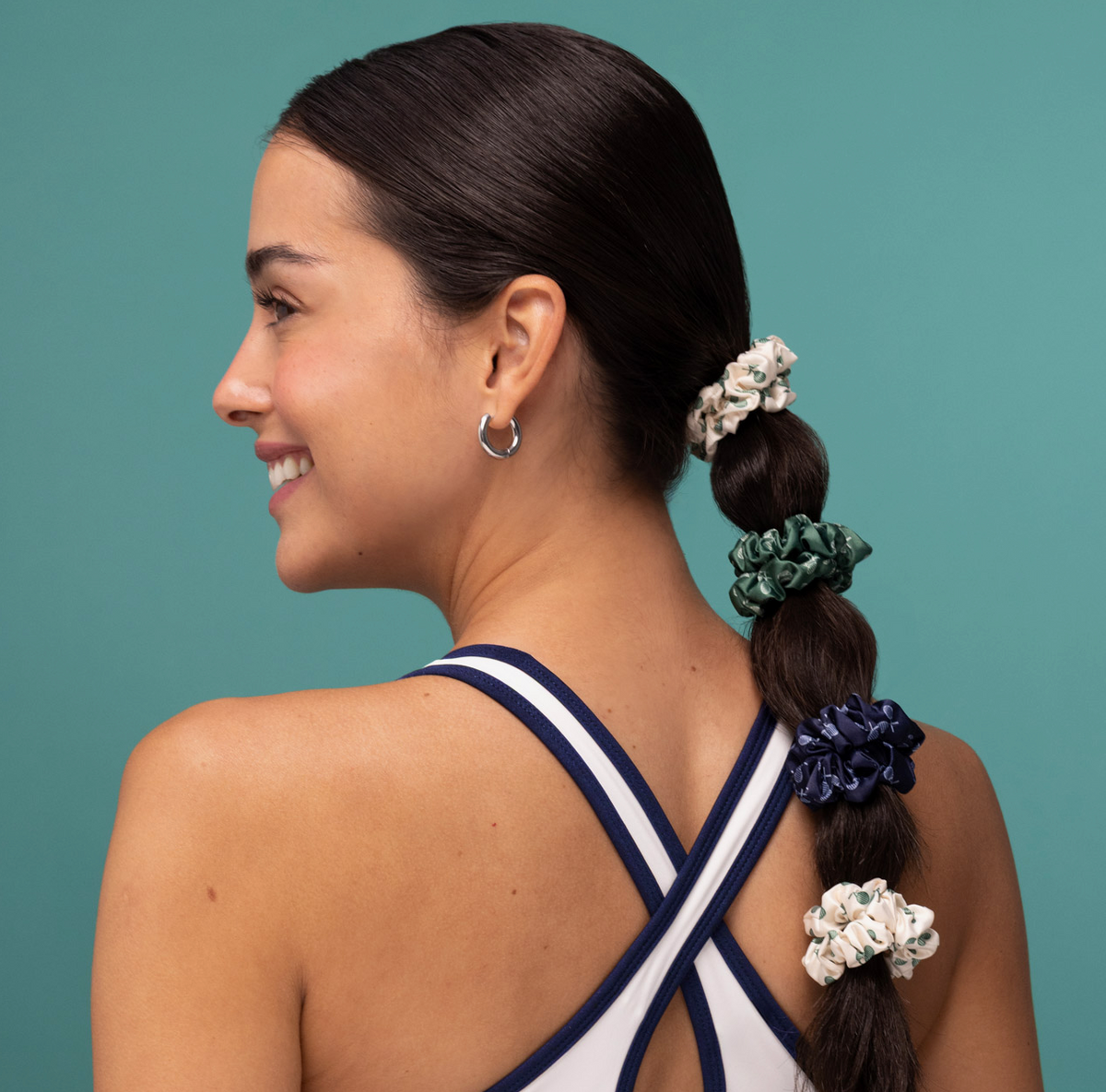 Ruched Satin Scrunchies 5pc Set - Cream, Court Green & Navy Blue
