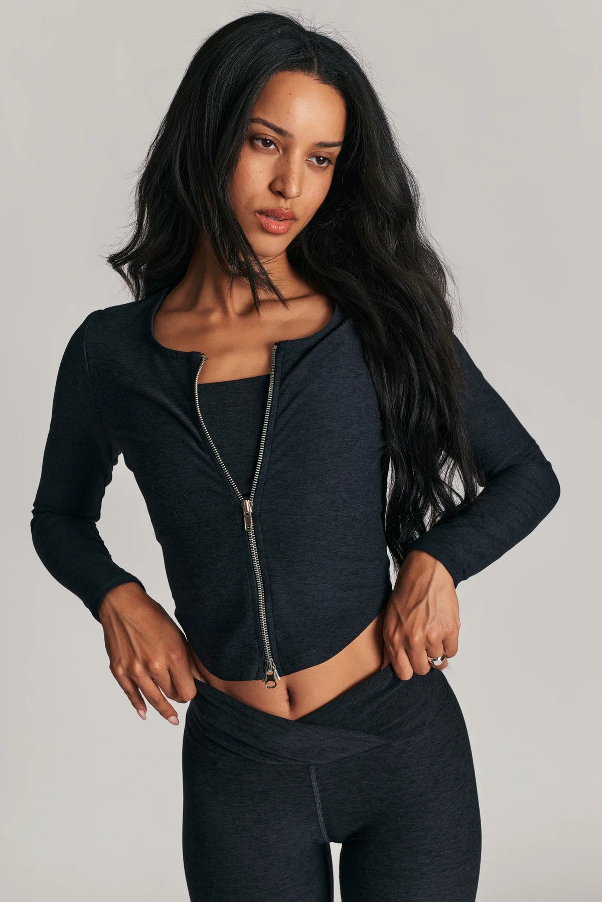 Stretch Zip Up Cardigan- Heather black